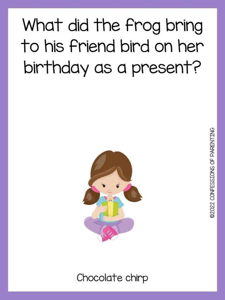 Birthday girl with a purple border and a birthday joke.