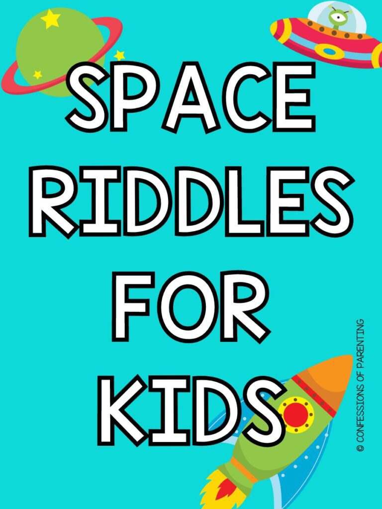 space rocket, planet on teal background with white text says "space riddles for kids"