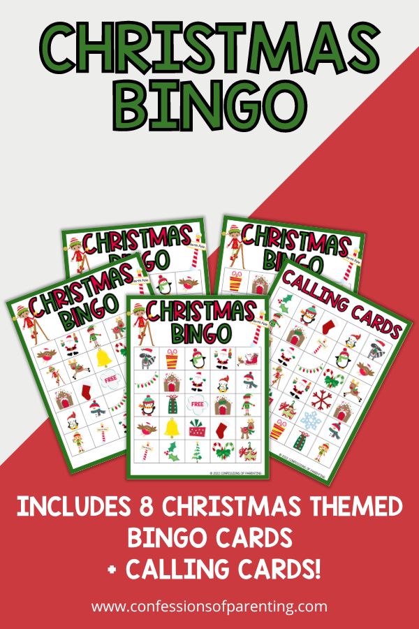 red / white background with Christmas bingo PDFs