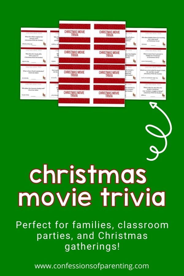 Examples of the trivia cards on Christmas movies which are perfect for families, classroom parties, and Christmas gatherings on a green background. 