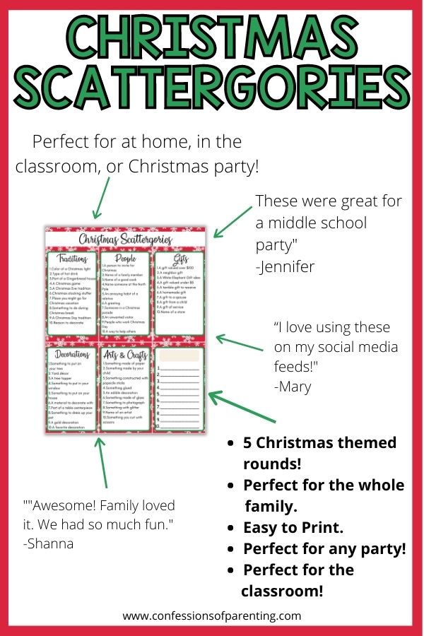 Testimonial for the Christmas Scattergories stating that it is perfect for families, parties, and classroom with a red border. 
