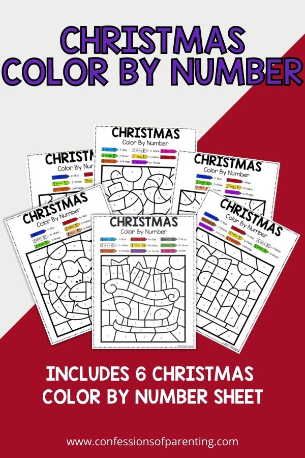 Six examples of the coloring by number pages on a red background. 