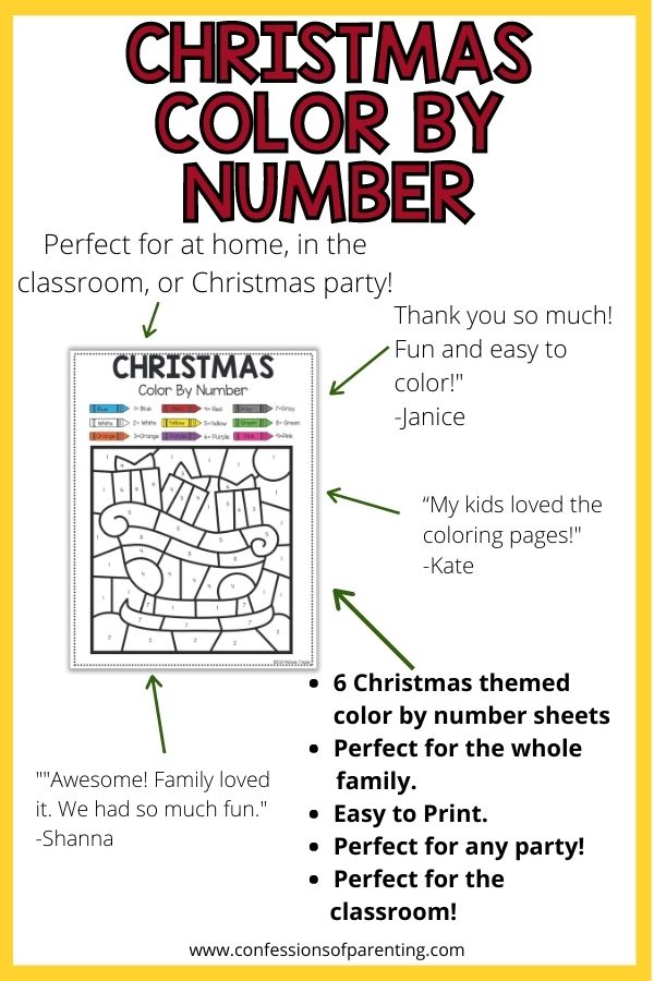 Testimonial for the Christmas color by number sheets with a yellow border. 
