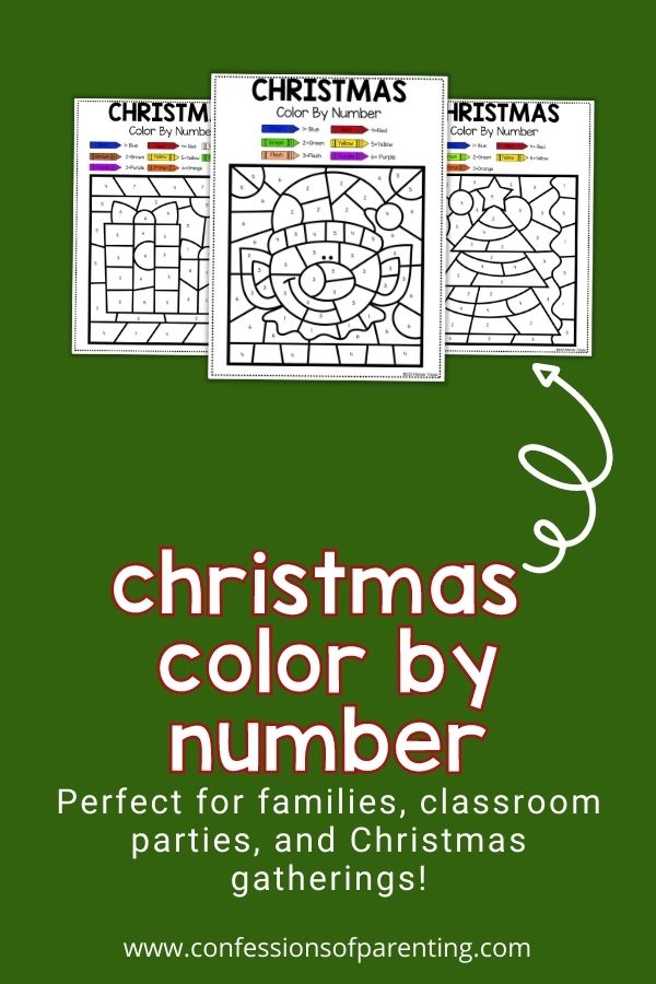 three examples of the color by number Christmas sheets on a green background. 