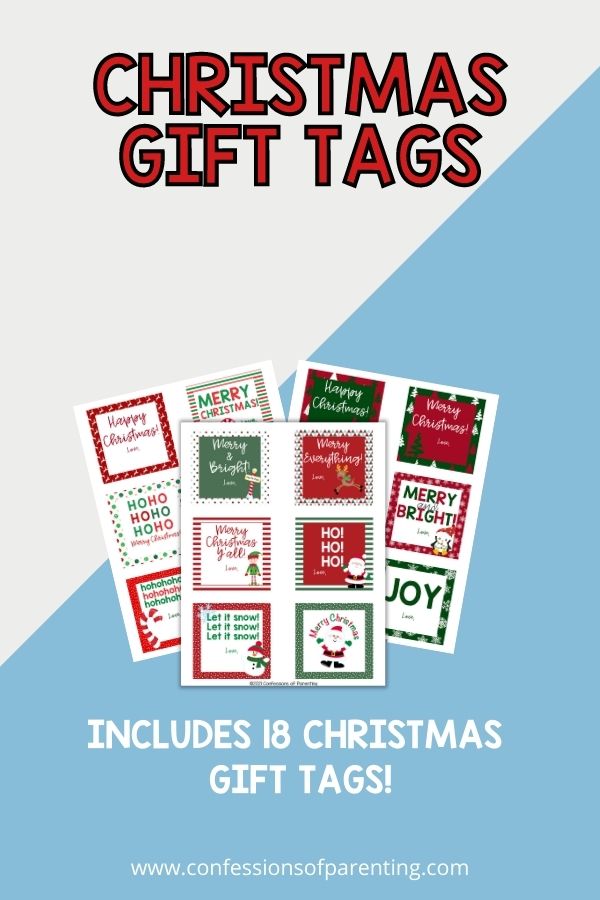 Three examples of printable gift tags on a light blue background. 