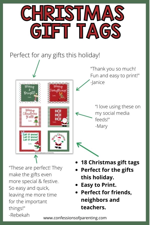 Testimonial of the gift tags with a green border. 