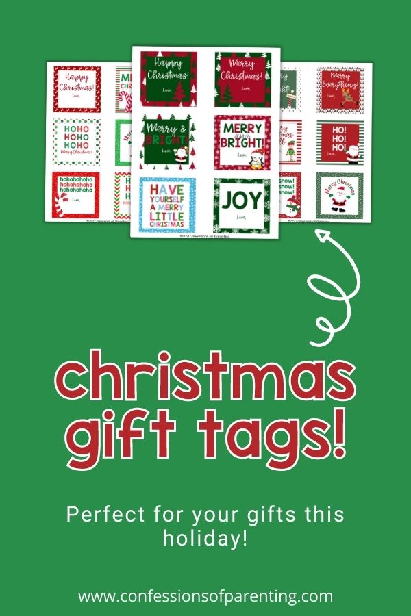 Three examples of printable Christmas gift tags perfect the holiday on a green background. 