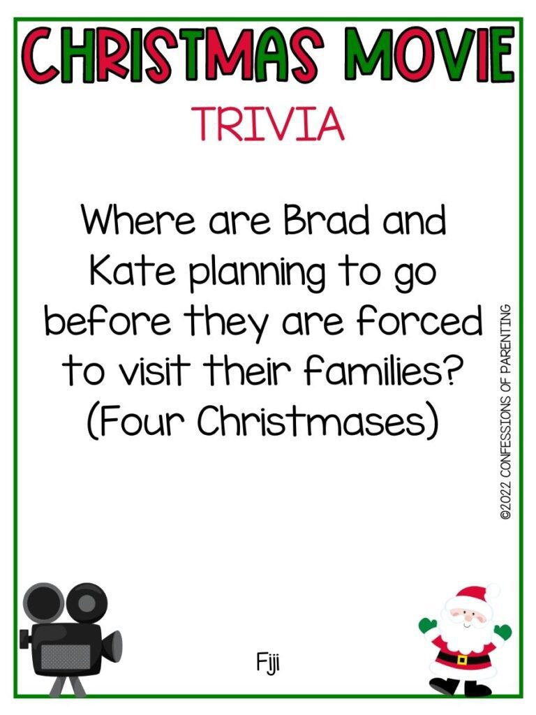 Christmas Movie Trivia title in red and green with movie trivia and little santa and old fashioned film camera on white background with thin green border