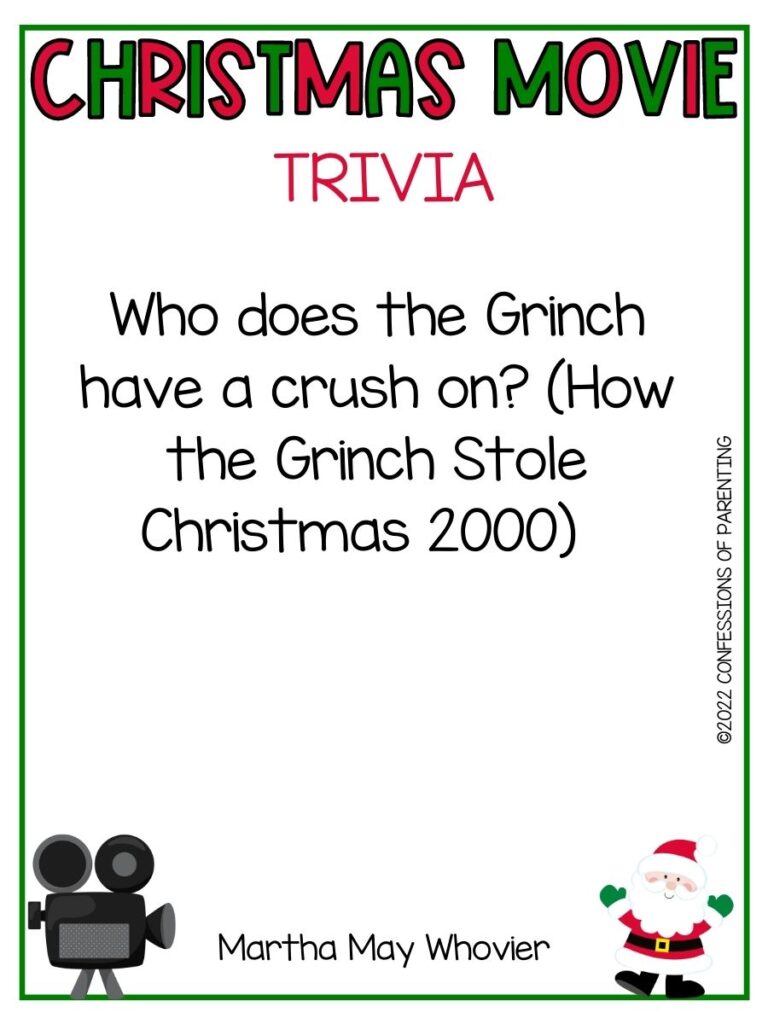 Christmas Movie Trivia title in red and green with movie trivia and little santa and old fashioned film camera on white background with thin green border