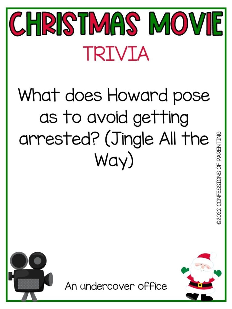 Christmas Movie Trivia title in red and green with movie trivia and little santa and old fashioned film camera on white background with thin green border