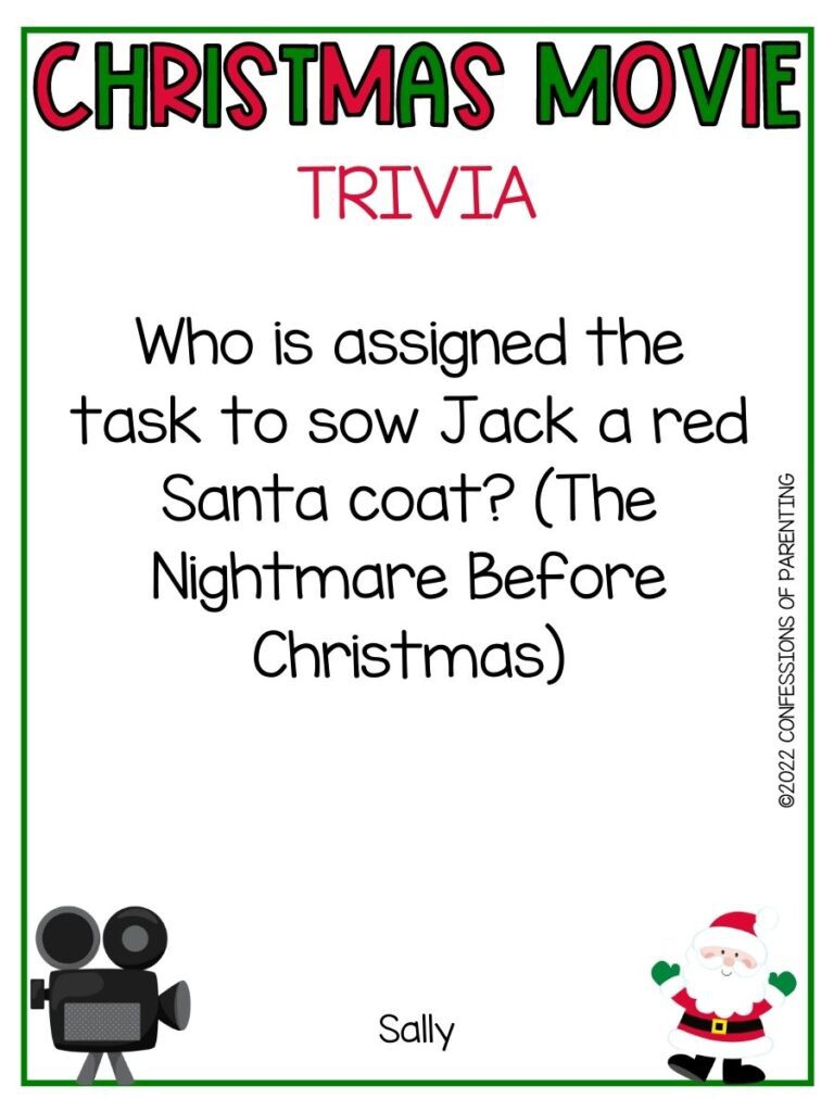 Christmas Movie Trivia title in red and green with movie trivia and little santa and old fashioned film camera on white background with thin green border
