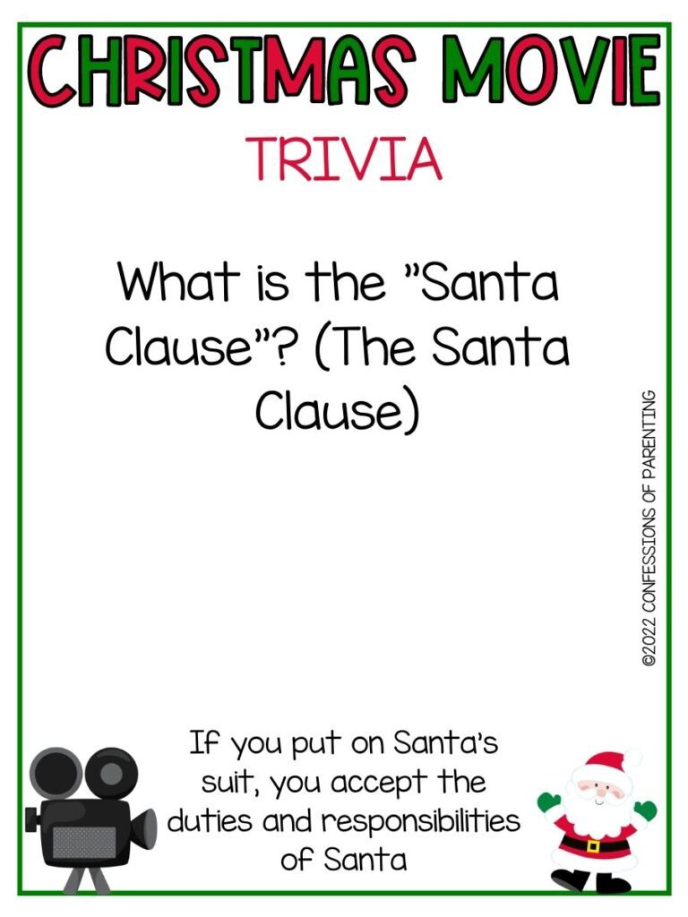 Christmas Movie Trivia title in red and green with movie trivia and little santa and old fashioned film camera on white background with thin green border