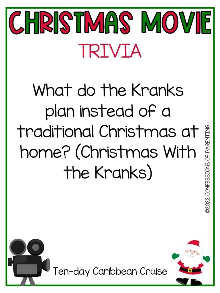 Christmas Movie Trivia title in red and green with movie trivia and little santa and old fashioned film camera on white background with thin green border