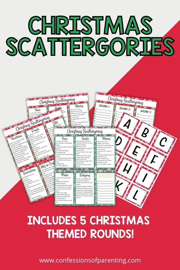 Example of the Christmas themed scattergories on a red background. 