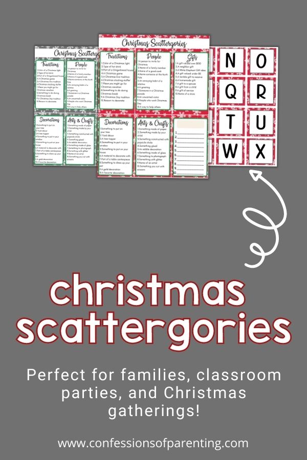 Example of the scattergories game that is perfect for Christmas gatherings on a gray background. 