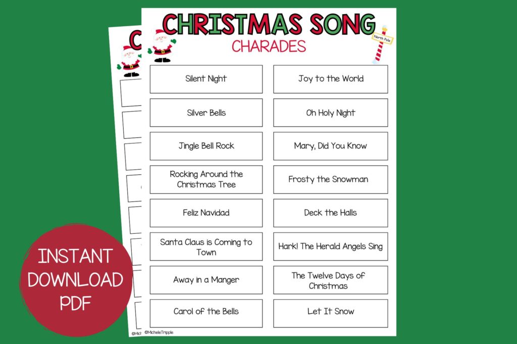 Christmas Song Charades sample printable on green background 