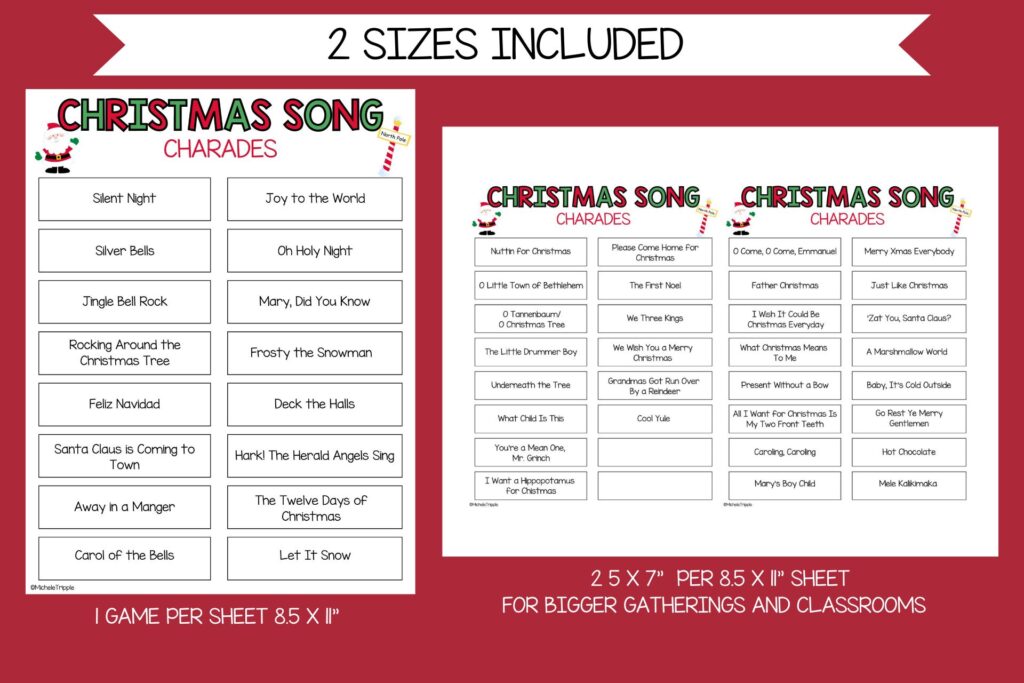 Christmas Song Charades sample printable on red background 