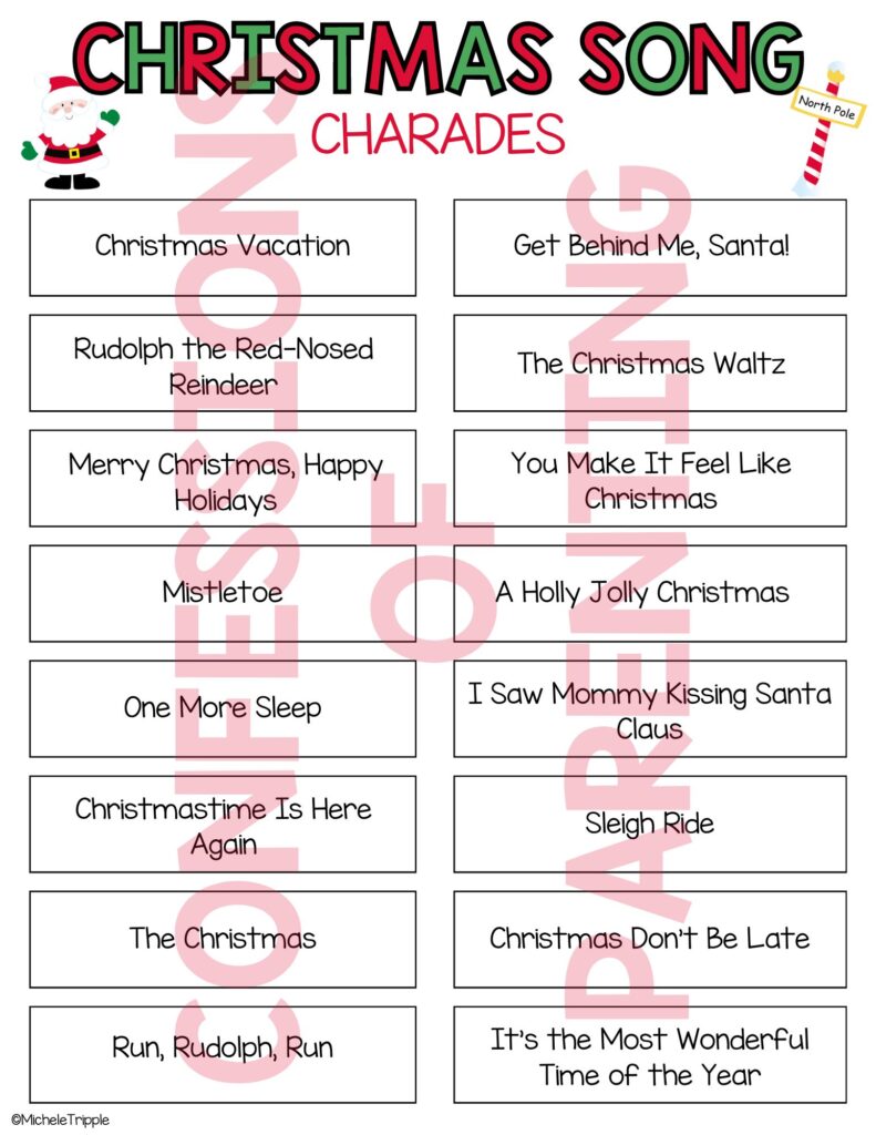 Christmas Song Charades sample printable