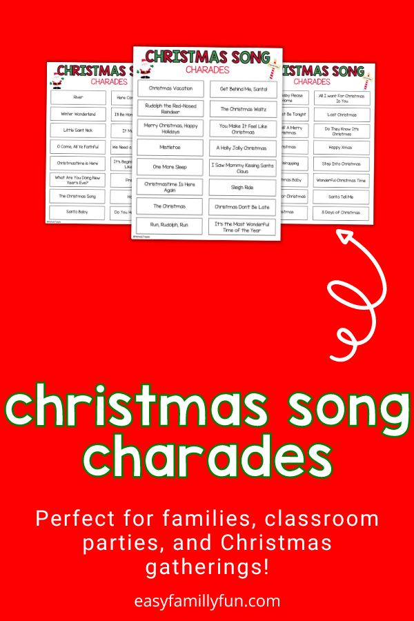 Christmas song charades in white on red background with sample printables 