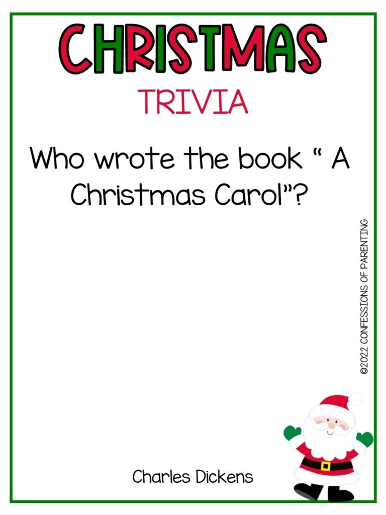 Christmas trivia title in red and green with Christmas trivia and little Santa on white background with thin green border
