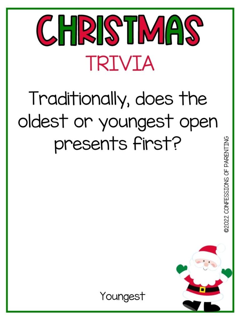 Christmas trivia title in red and green with Christmas trivia and little Santa on white background with thin green border