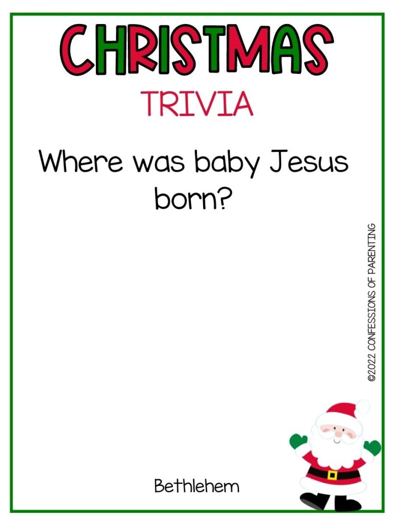 Christmas trivia title in red and green with Christmas trivia and little Santa on white background with thin green border