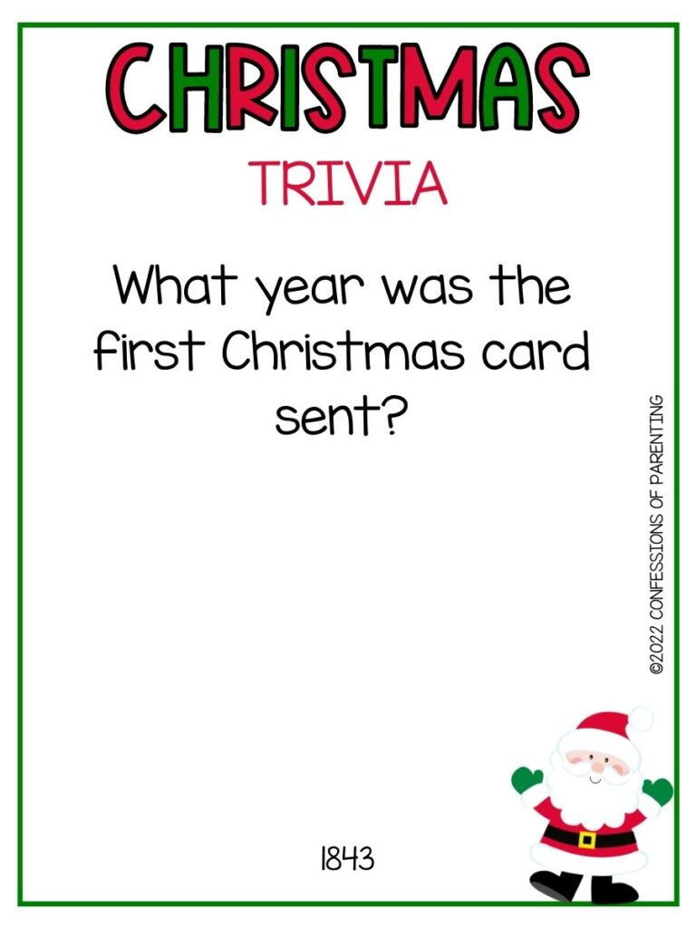 Christmas trivia title in red and green with Christmas trivia and little Santa on white background with thin green border