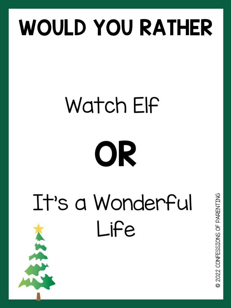 A tree with snow on the branches with a bright yellow star on top with a would you rather question with a green border. 
