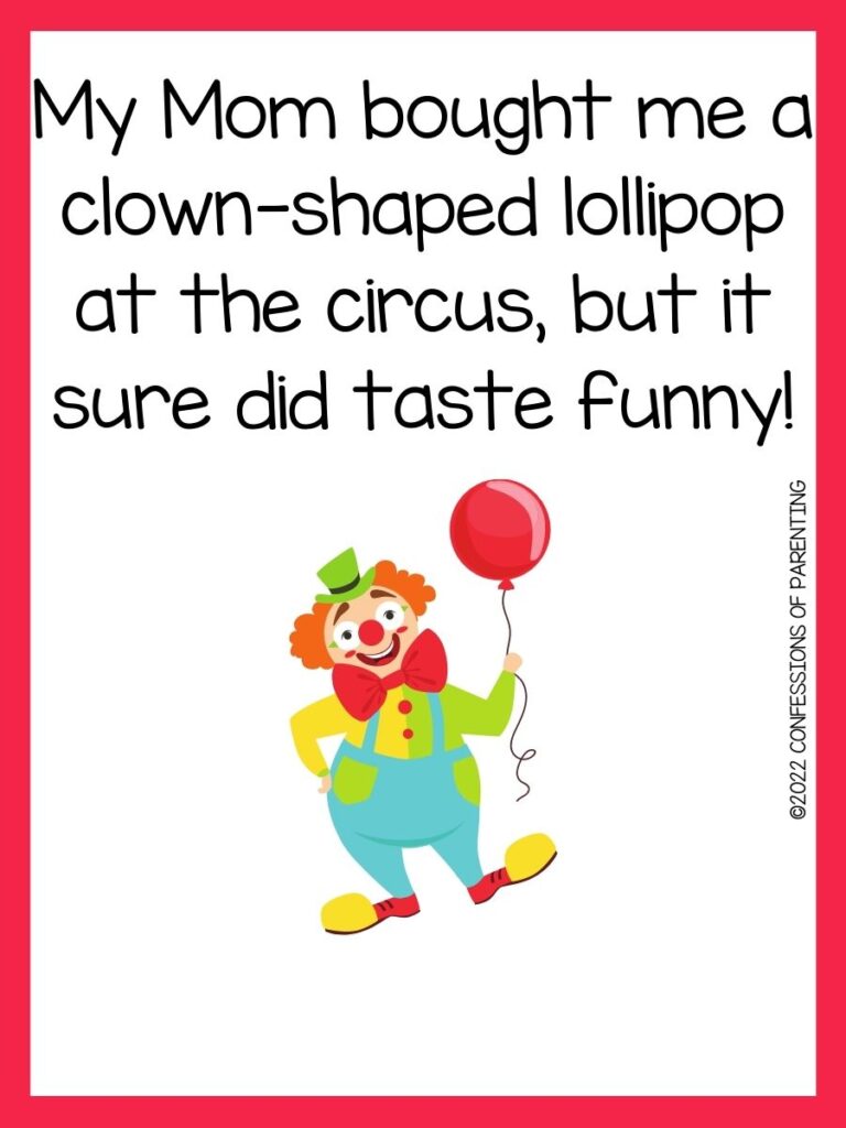 clown pun text with clown holding ballon with red border