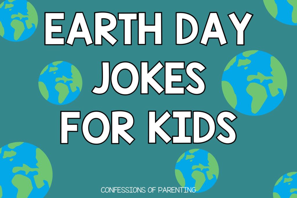 7 Earth pieces on teal  background with white text that says Earth Day jokes for kids