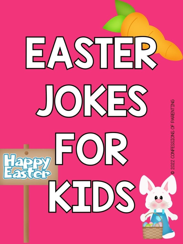 an orange carrot, sign with happy easter written on it and an easter bunny with "jokes for kids" written in white with an all pink background 