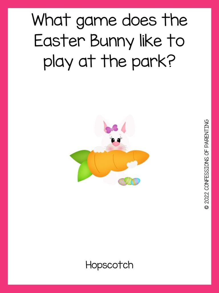 an easter bunny holding an orange carrot with an easter joke on a white background with a pink border 