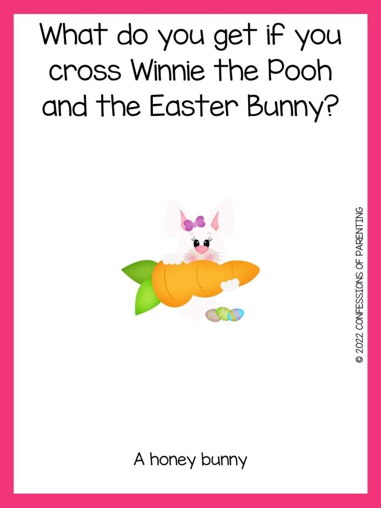 an easter bunny carrying a large carrot with an easter joke on a white background with a pink border 