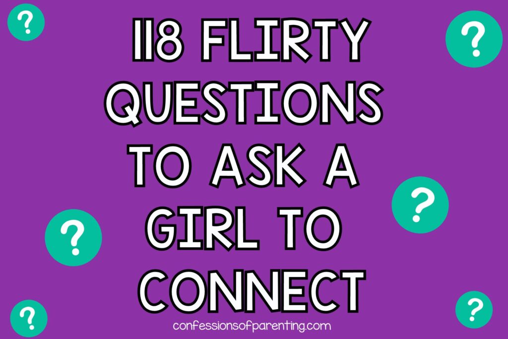Flirty Questions on purple background with teal question marks. 