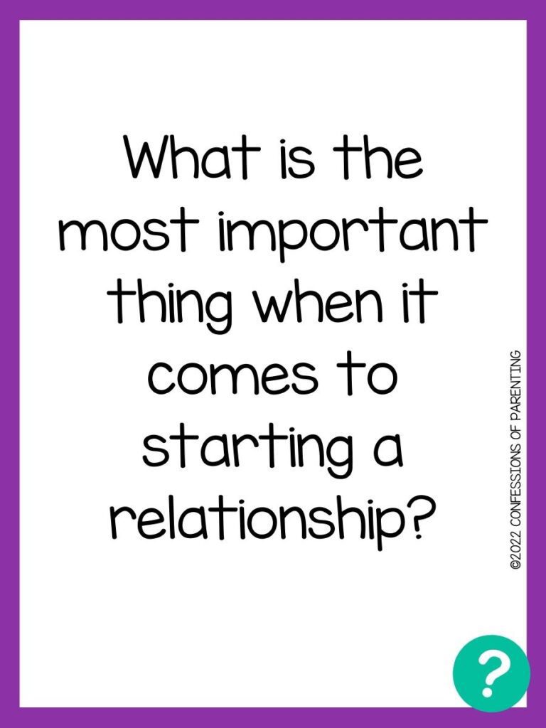 Flirty questions on white background, purple border, and teal question mark. 