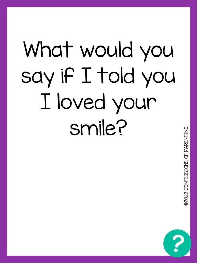 Flirty questions on white background, purple border, and teal question mark. 