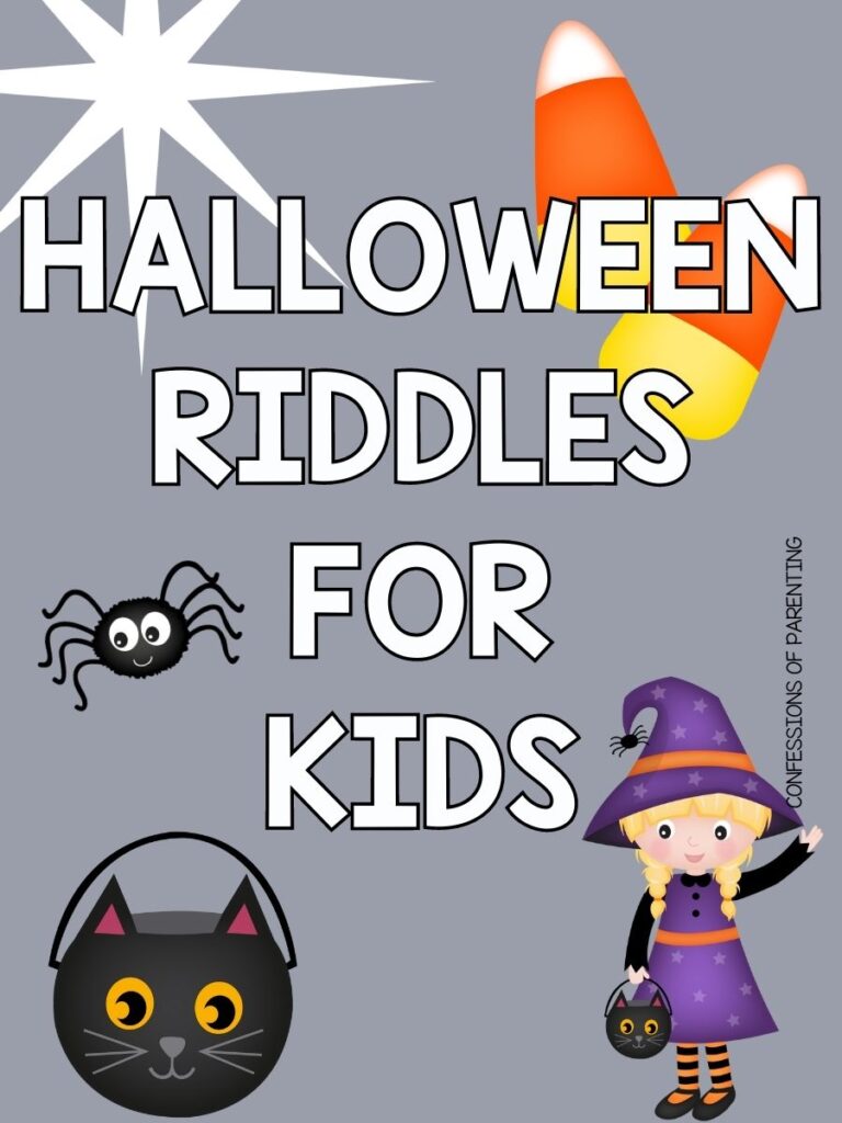 white star, 2 candy corns, 1 black spider, 2 cat trick or treat buckets with purple witch on gray background with white text that says "Halloween riddles for kids"