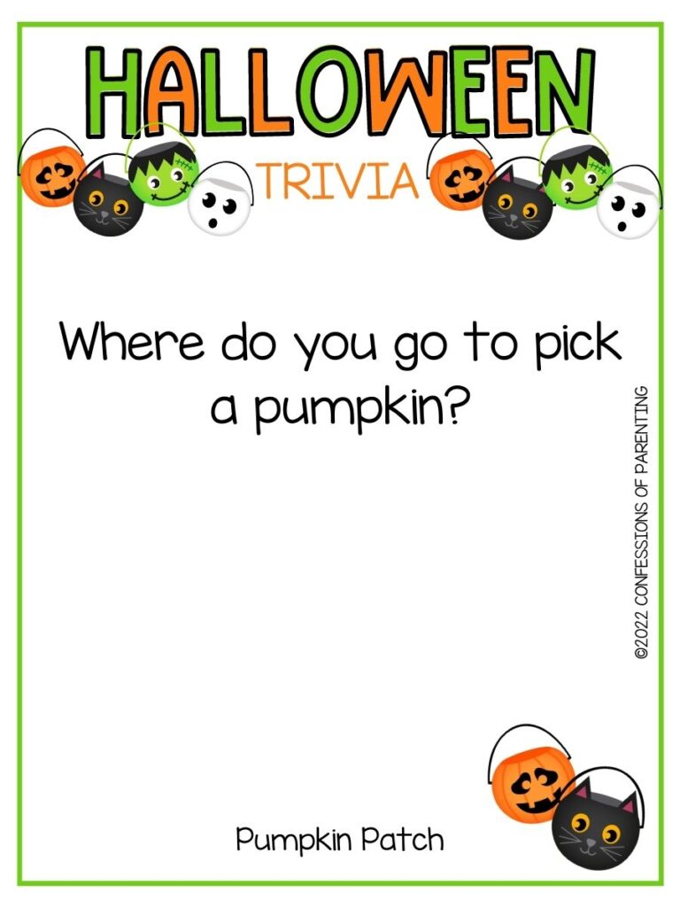 "Halloween Trivia" title in green and orange letters and different candy buckets with trivia question on white background with thin green border 