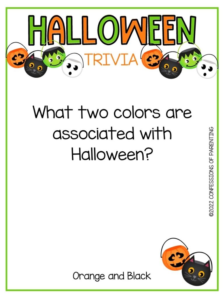"Halloween Trivia" title in green and orange letters and different candy buckets with trivia question on white background with thin green border 