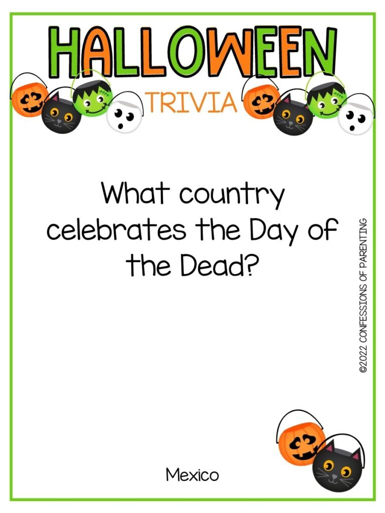 "Halloween Trivia" title in green and orange letters and different candy buckets with trivia question on white background with thin green border 