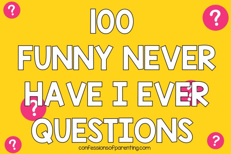 Never have I ever questions with yellow background and pink question marks.