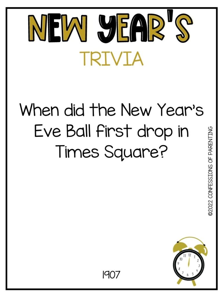 "New Year's Trivia" title in black and gold letters with trivia question and alarm clock on white background with thin black border