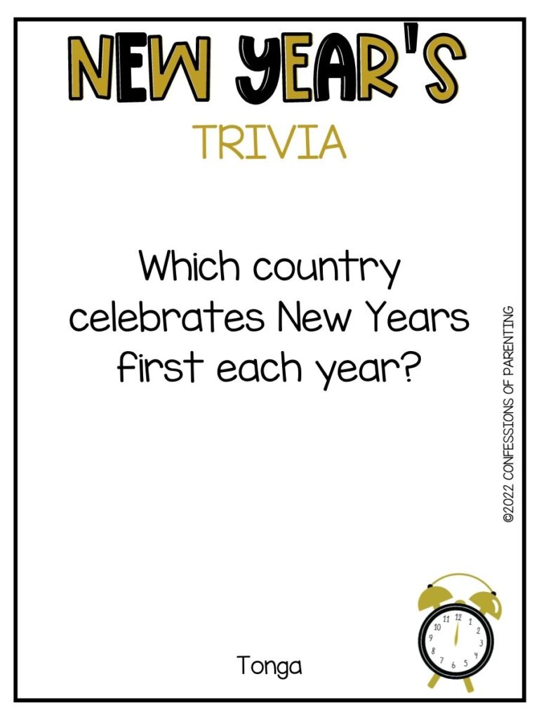 "New Year's Trivia" title in black and gold letters with trivia question and alarm clock on white background with thin black border