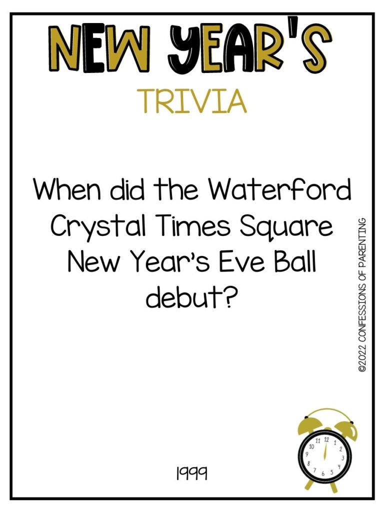 "New Year's Trivia" title in black and gold letters with trivia question and alarm clock on white background with thin black border