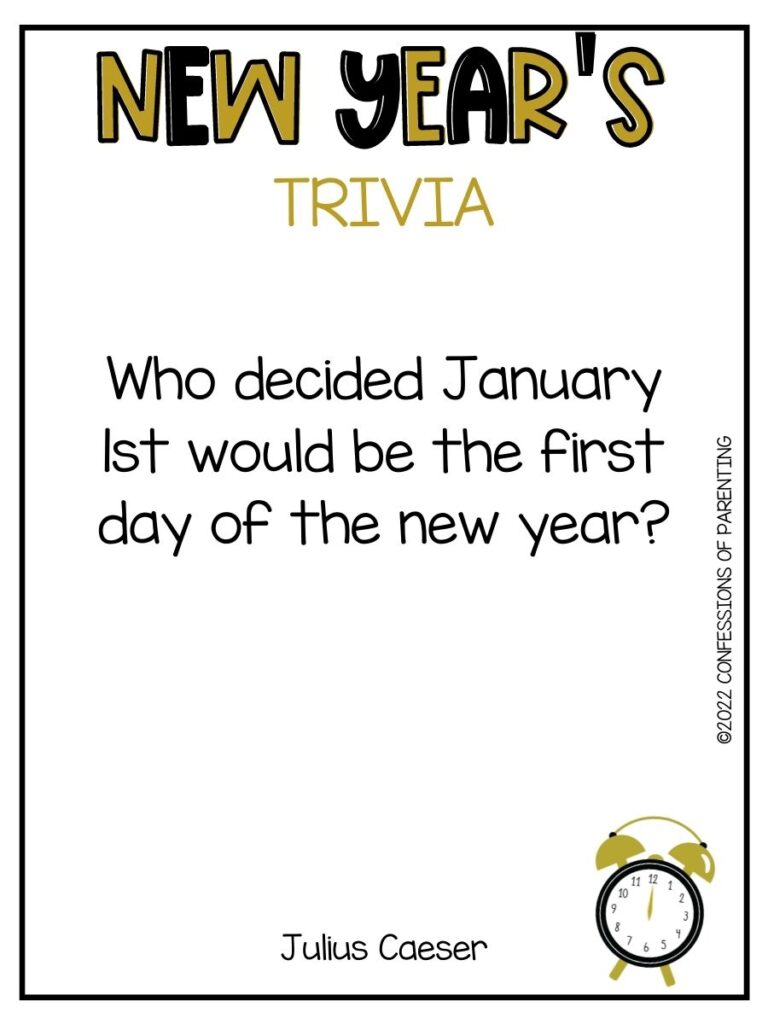 "New Year's Trivia" title in black and gold letters with trivia question and alarm clock on white background with thin black border
