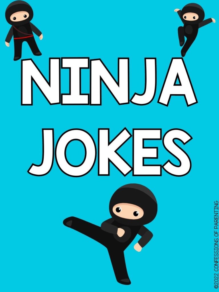 3 ninjas in black on blue background that says "ninja jokes"
