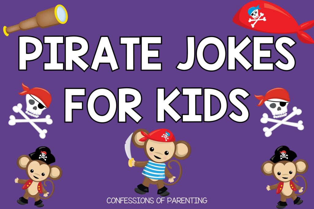 3 pirate monkeys with two sculls on purple background with white text that says "pirate jokes for kids"