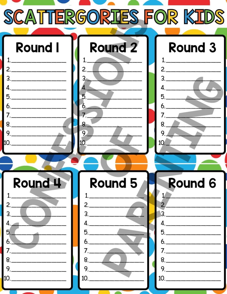 scattergories for Kids answer sheet PDF