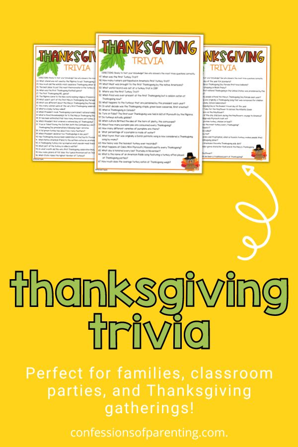3 Thanksgiving trivia PDFS with questions on yellow background