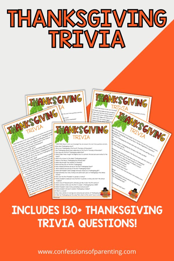 5 Thanksgiving trivia PDFS with questions with orange and white background